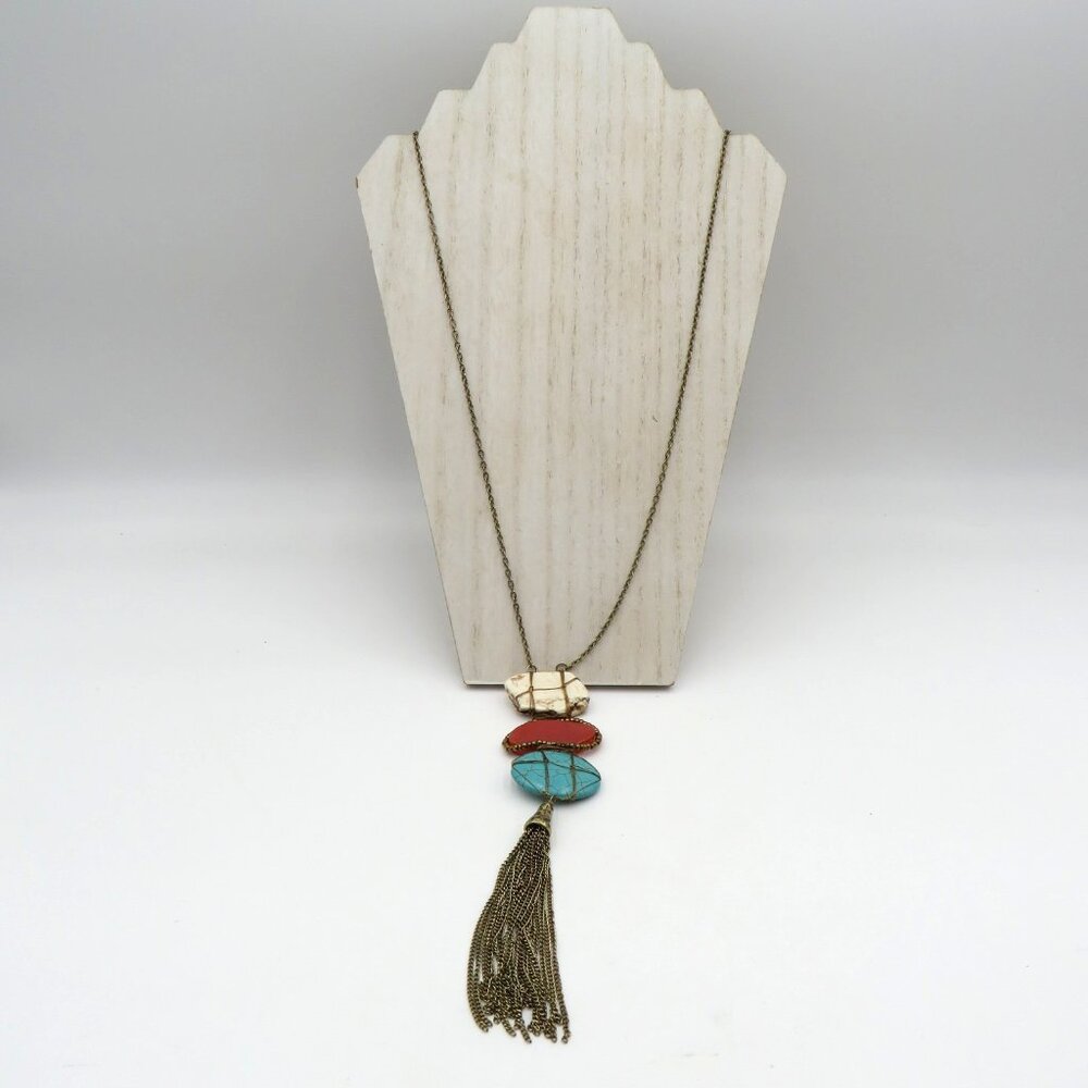 Worthington Statement Pendant Necklace Gold Chain Turquoise Red‎ Stone Tassel